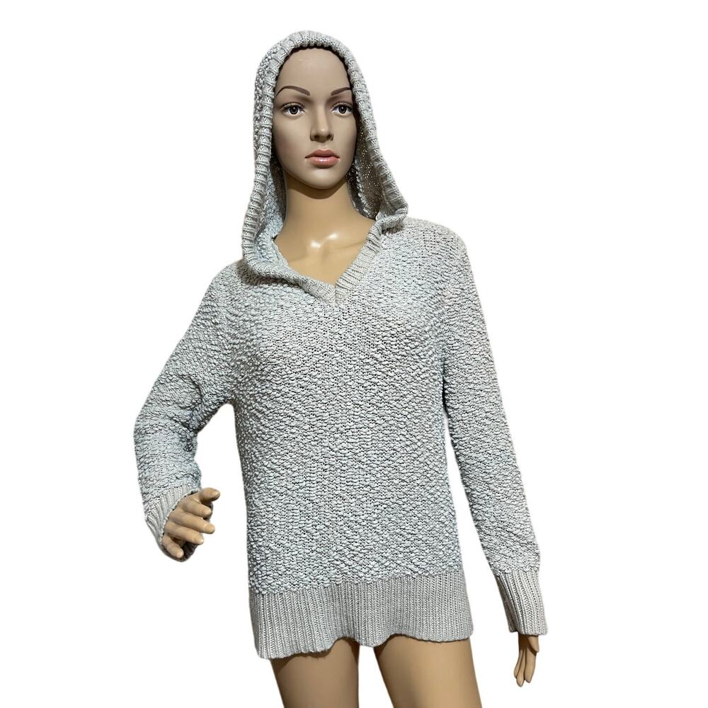 Green Tea Small Gray Popcorn Knit Hooded V-Neck Sweater - Cozy Fashion Essential